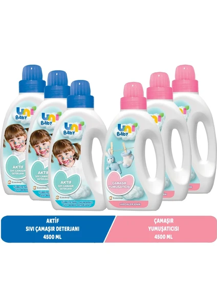 Uni Baby Sıvı Çamaşır Deterjanı 1500ML Aktif+Yumuşatıcı 1500ML Hassas/hipoalerjenik Karma -6 Lı Set