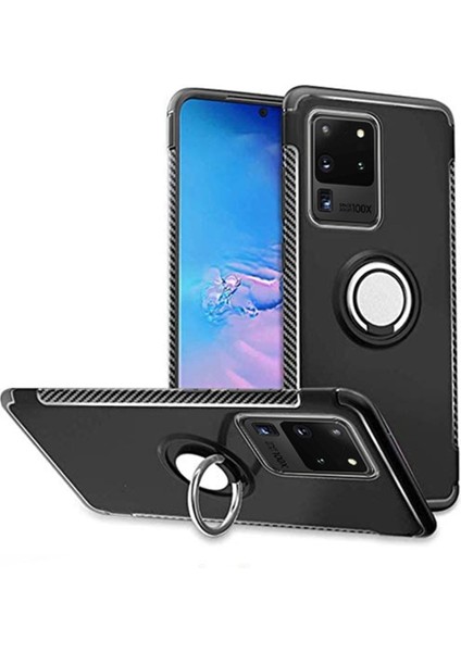 Samsung Galaxy S20 Ultra Yüzük Standlı Armor Silikon Kılıf - Siyah