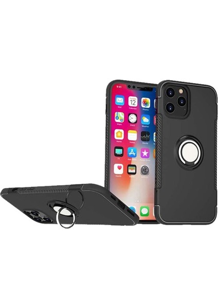 iPhone 12 Pro Yüzük Standlı Armor Silikon Kılıf - Siyah