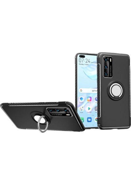 Huawei P40 Yüzük Standlı Armor Silikon Kılıf - Siyah