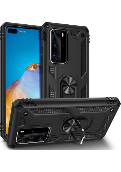 Huawei P40 Pro Anka Serisi Yüzük Standlı Armor Kılıf- Siyah
