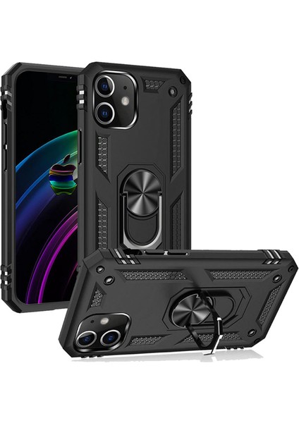 iPhone 12 Mini Anka Serisi Yüzük Standlı Armor Kılıf - Siyah