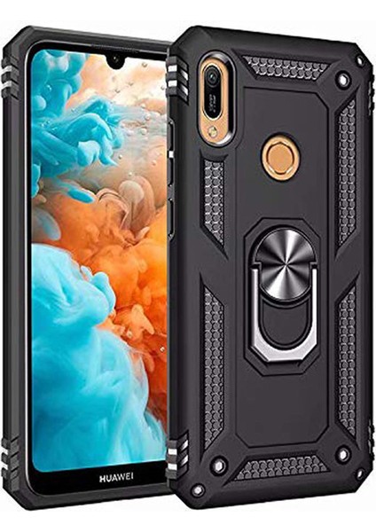 Huawei Y6S 2019 - Y6 2019 Anka Serisi Yüzük Standlı Armor Kılıf - Siyah