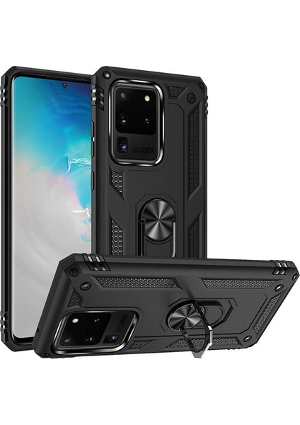 Samsung Galaxy S20 Ultra Anka Serisi Yüzük Standlı Armor Kılıf - Siyah