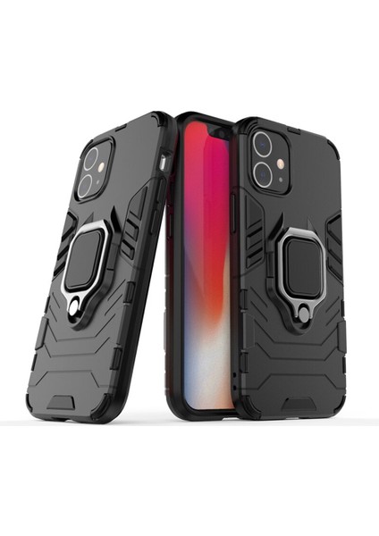 iPhone 12 Batman Serisi Yüzük Standlı Armor Kılıf - Siyah