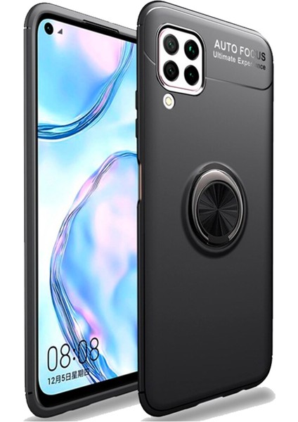 Huawei P40 Lite Focus Serisi Yüzük Standlı Silikon Kılıf - Siyah