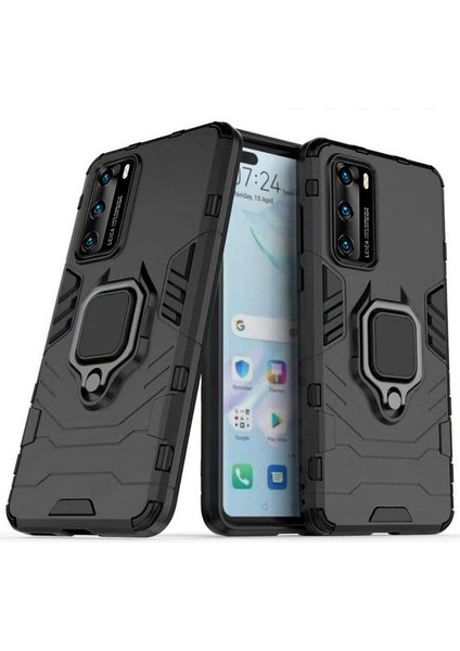 Huawei P40 Batman Serisi Yüzük Standlı Armor Kılıf - Siyah