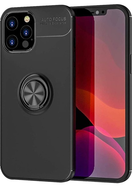 iPhone 12 Pro Focus Serisi Yüzük Standlı Silikon Kılıf - Siyah