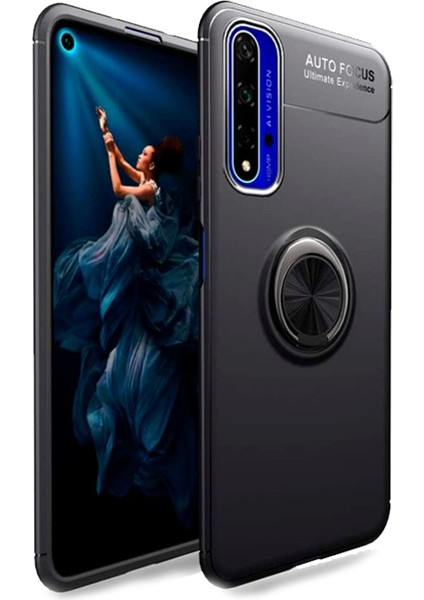 Huawei Nova 5t Focus Serisi Yüzük Standlı Silikon Kılıf - Siyah