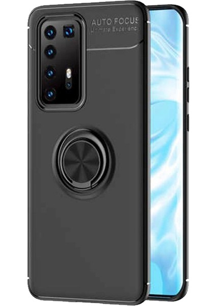 Huawei P40 Focus Serisi Yüzük Standlı Silikon Kılıf - Siyah