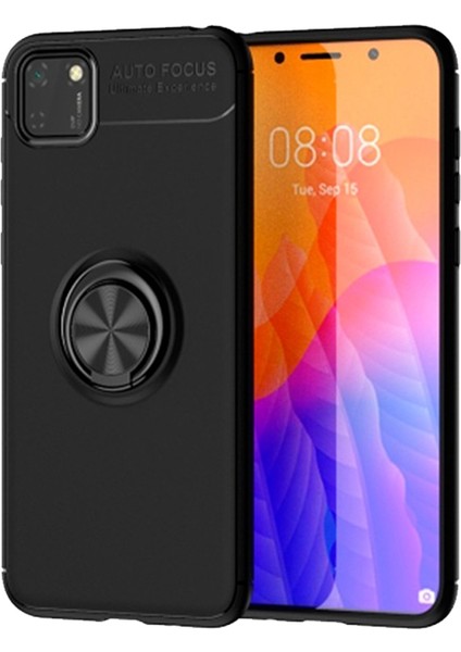 Huawei Y5P Focus Serisi Yüzük Standlı Silikon Kılıf - Siyah