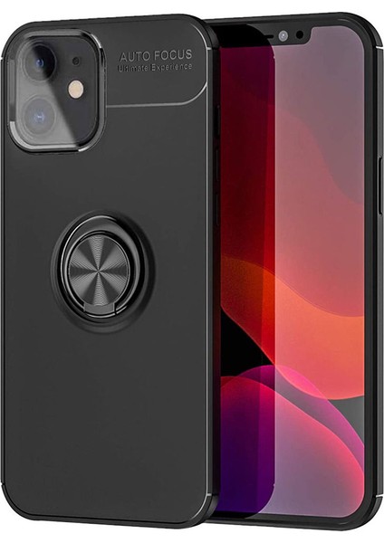 iPhone 12 Focus Serisi Yüzük Standlı Silikon Kılıf - Siyah