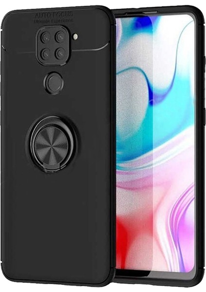 Xiaomi Redmi Note 9 Focus Serisi Yüzük Standlı Silikon Kılıf - Siyah