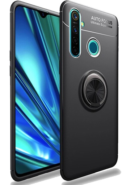 Realme 5 Pro Focus Serisi Yüzük Standlı Silikon Kılıf - Siyah