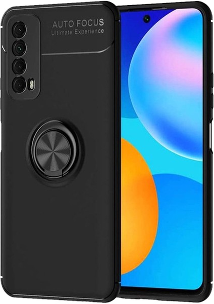 Huawei P Smart 2021 Focus Serisi Yüzük Standlı Silikon Kılıf - Siyah