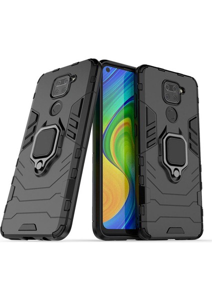 Xiaomi Redmi Note 9 Batman Serisi Yüzük Standlı Armor Kılıf - Siyah