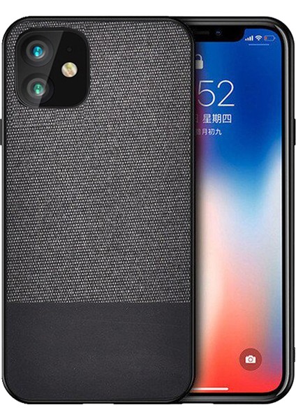 iPhone 12 Fabrik Serisi Kumaş ve Deri Desen Kılıf - Siyah