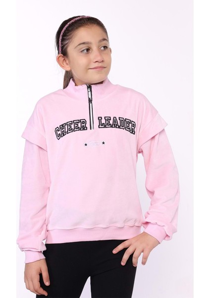 Toontoy Kız Çocuk Fermuar Detaylı Nakışlı Kadife Sweatshirt