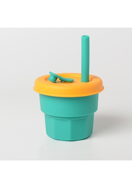 Çocuk Silikon Saman Bardaklar Damla ve Yüksek Sıcaklığa Dayanıklı Su Bardağı Yeşil Fincan + Sarı Kapak (300ML) (Yurt Dışından)