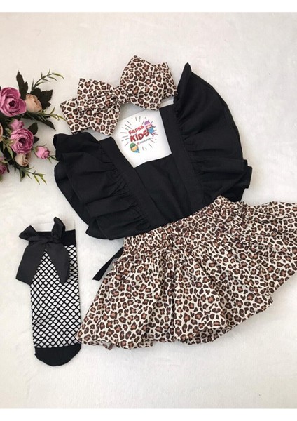 Kız Çocuk Leopar Desenli Fırfırlı Salopet Bandana Set
