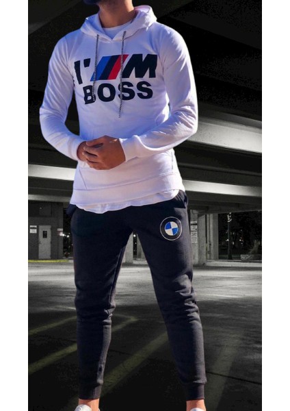 Kapüşonlu Bmw Göğüs Baskılı Pamuk Dokuma Kışlık Yeni Trend Outdoor Dar Kesim Erkek Eşofman Takımı