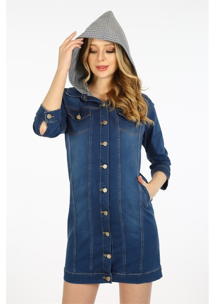 Kapüşon Detaylı Sırtı Baskılı Önden Düğmeli Uzun Kot Mavi Elbise fiyatları