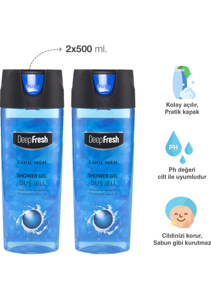 Deep Fresh Pratik Kapaklı Erkek Duş Jeli Cool Men 500 Ml X 2 Adet