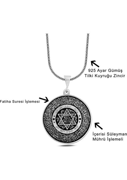 Mührü Süleyman Fatiha Suresi Işlemeli 925 Ayar Gümüş Kolye fiyatları