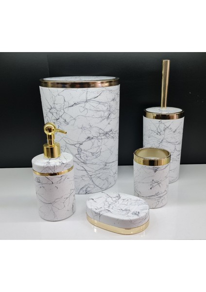 Akrilik Yapım Gold Çizgi Siyah Mermer Desen Soft Banyo Takımı 5'li Yuvarlak Banyo Seti Beyaz