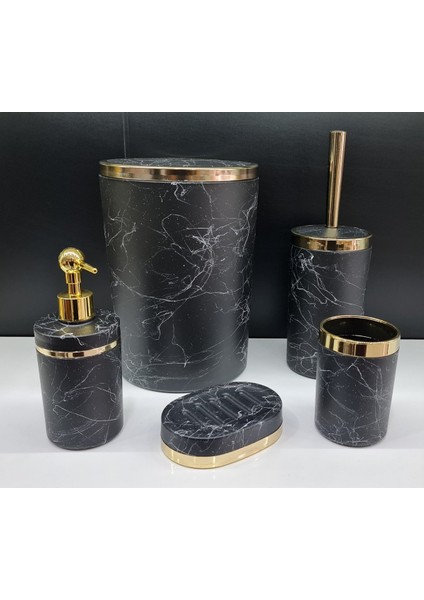 Akrilik Yapım Gold Çizgi Siyah Mermer Desen Soft Banyo Takımı 5'li Yuvarlak Banyo Seti Siyah