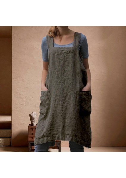 Pamuk Keten Önlük Cep Cross Back Chef Önlükleri Kadınlar Için M Haki (Yurt Dışından) indirimleri
