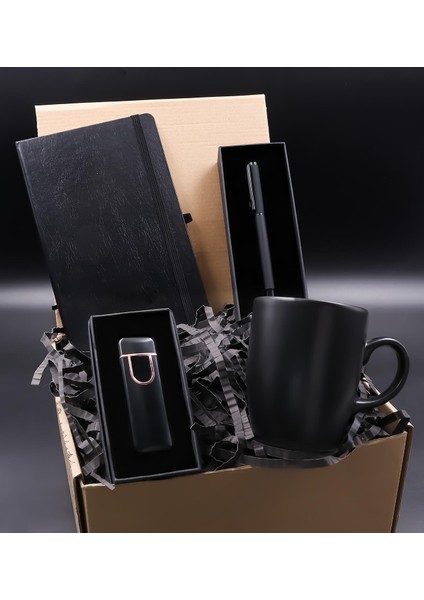 Siyah Defter & Mat Siyah Kalem & Siyah Kapaklı USB Çakmak & Siyah Kupa Seti