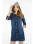 Kapüşon Detaylı Sırtı Baskılı Önden Düğmeli Uzun Kot Mavi Elbise 2