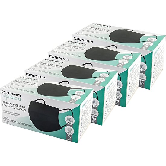Özman Medical Üç Katlı Telli Meltblownlu Siyah Cerrahi Maske 200 Adet (50 Adet x 4 Kutu)