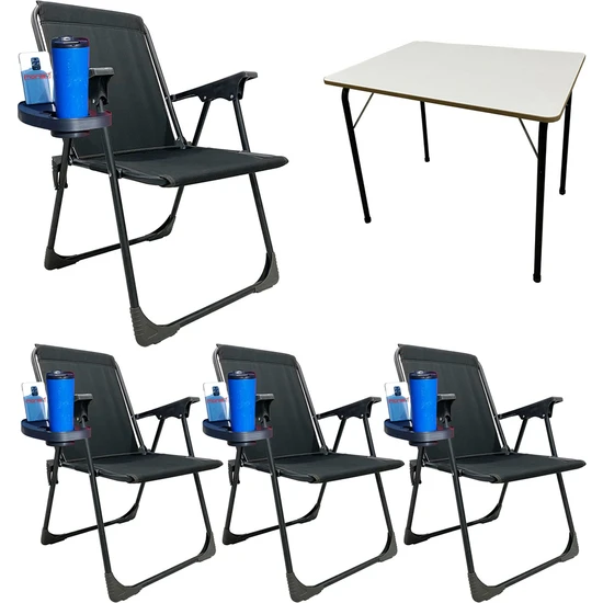 Moniev 4 Adet Kamp Sandalyesi Katlanır Piknik Sandalye Oval Bardaklıklı Siyah + MDF Masa