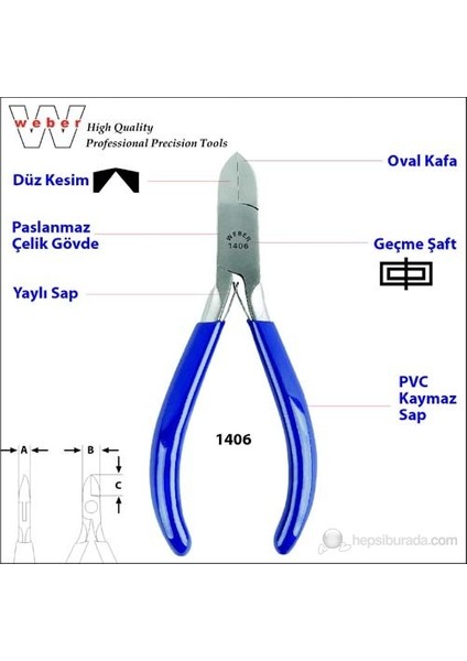 1406 Paslanmaz Çelik Elektronikçi Yan Keski-Yaylı 130 Mm