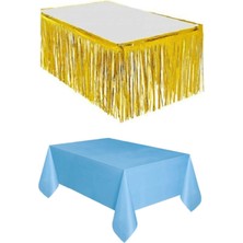 Dipak Metalik Gold Masa Eteği / Plastik Mavi Masa Örtüsü