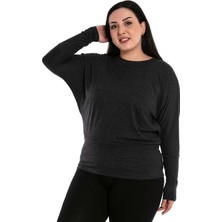 Disentis Modest Büyük Beden Yuvarlak Yaka Yarasa Kollu Eteği Geniş Bantlı Antrasit Bluz