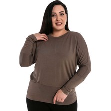 Disentis Modest Büyük Beden Yuvarlak Yaka Yarasa Kollu Eteği Geniş Bantlı Vizon Bluz