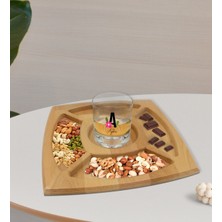 Kişiye Özel Harf ve Isimli Viski Bardağı ve Doğal Masif Ahşap 4 Bölmeli Sunum Tabağı Çerezlik Hediye Seti-4