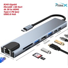 PrimeX Plus PX-U520 4K 30Hz Gri Metal Type-C To 4K Hdmı+Usb 3.0+RJ45+SD Kart+Pd Şarj Çevirici Adaptör