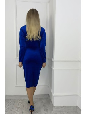 Ges Moda M1973 Dantel Detaylı Kadife Elbise Mavi
