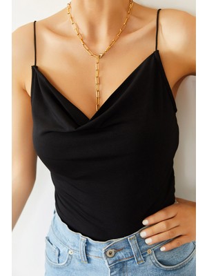 Xhan Siyah Degaje Yaka Askılı Bluz 2KXK2-45805-02 %75 Pamuk, %25 Polyester, Yumuşak ve Hafif Kumaşlı Şık Tasarım