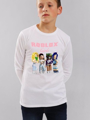 Take Roblox Girls Uzun Kol Çocuk Tişört Beyaz Kesim