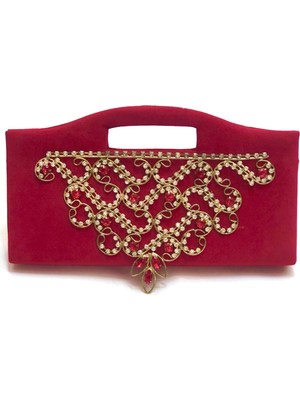 Dole Eşarp Şal Kadın Kırmızı Swarovski Taş Detaylı Özel Tasarım Çanta