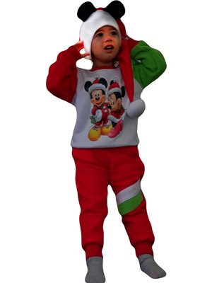 Berselüx Mini Miki Fare Noelbaba Baskılı Polar Unisex Kız-Erkek Çocuk Eşofman Takımı. 3'lü Set. 1-8 Yaş.