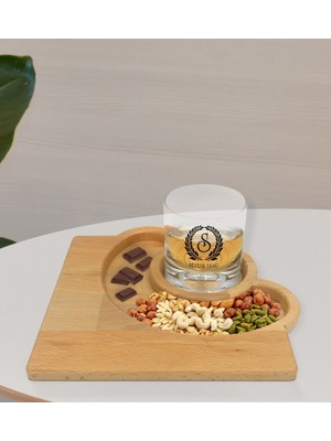 Kişiye Özel Çelenk Baş Harfli Isimli Viski Bardağı ve Doğal Masif Ahşap Yarım Ay Sunum Tabağı Çerezlik Hediye Seti-6