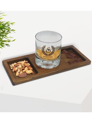 BK Kişiye Özel Çelenk Baş Harfli Isimli Viski Bardağı ve Doğal Masif Ahşap Dikdörtgen Sunum Tabağı Çerezlik Hediye Seti-5