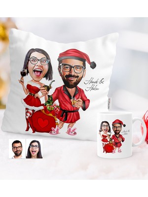 BK Kişiye Özel Yılbaşı Temalı Sevgililer Karikatürlü Yastık Kupa Seti - 5