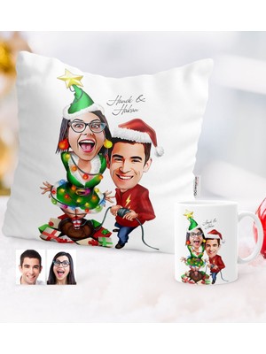 Kişiye Özel Yılbaşı Temalı Sevgililer Karikatürlü Yastık Kupa Seti - 1